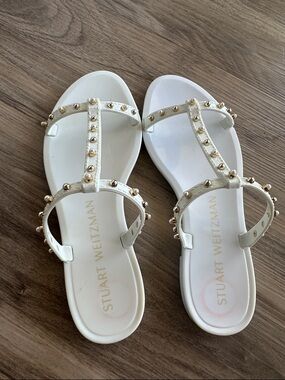 Brand new Stuart Weitzman White Jelly T-Strap Sandals with Gold and pearl Studs